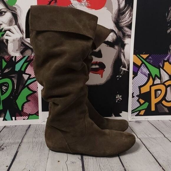 Y2K Vintage Boho Brown Suede Flat Knee High Boots Bakers - Picture 2 of 9